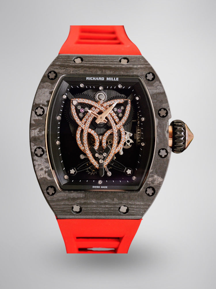 High-end Replica Richard Mille RM 019 NTPT Carbon Case Red Strap Tourbillon Watch Diamond Celtic Knot Skeleton Dial