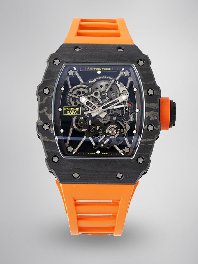 Swiss Super Clone Richard Mille RM 35-02 with NTPT Carbon Fiber Case, Orange Silicone Strap