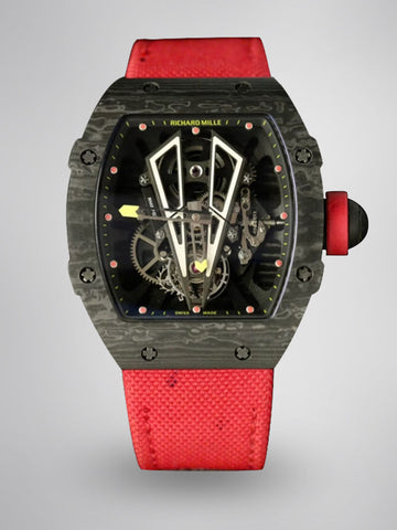 Swiss Replica Richard Mille RM27-03 Black Carbon Fiber Case with Red Woven Strap