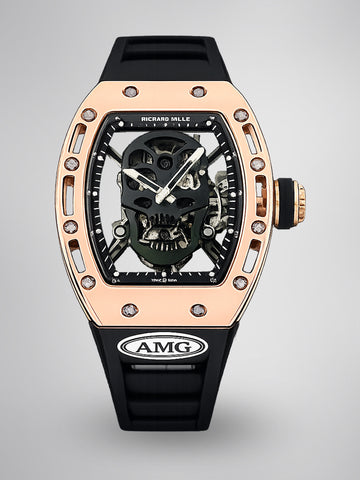 RM052 Skeleton Tourbillon Replica Watch Black Skull Dial – Rose Gold Case