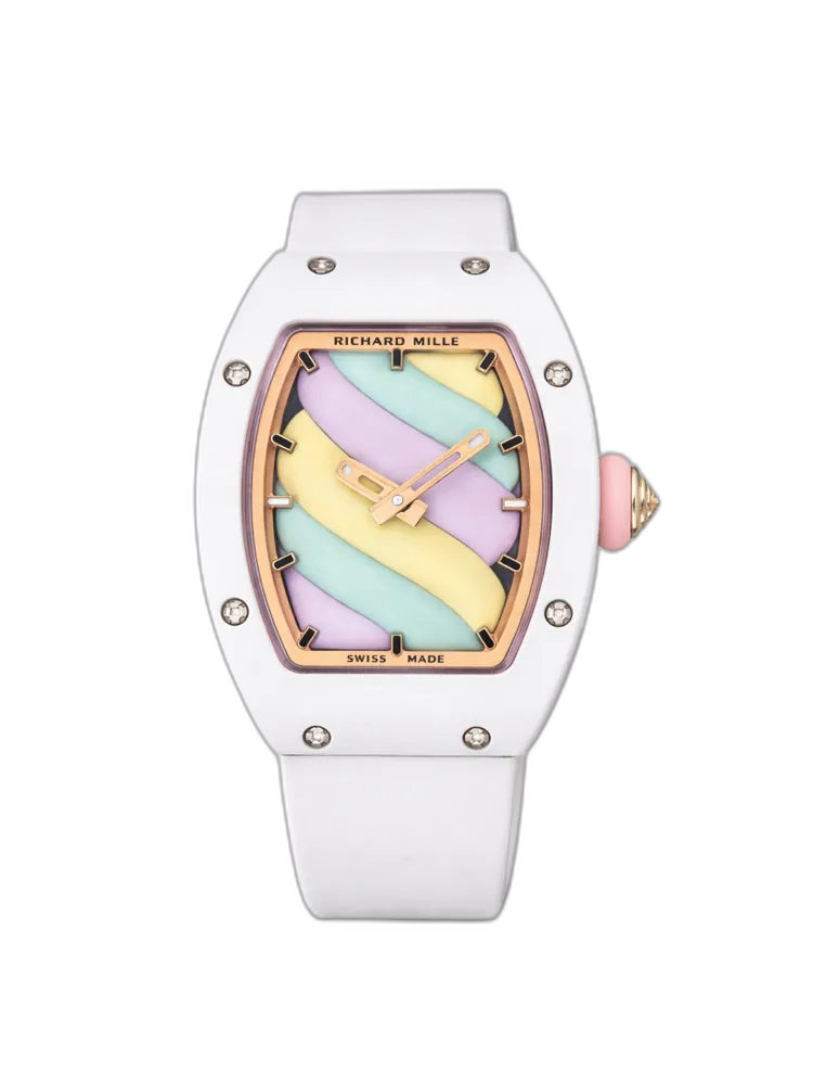 Richard Mille RM 07-03 Replica, White Ceramic Case Pastel Swirl Dial White Rubber Strap Luxury Ladies Wristwatch