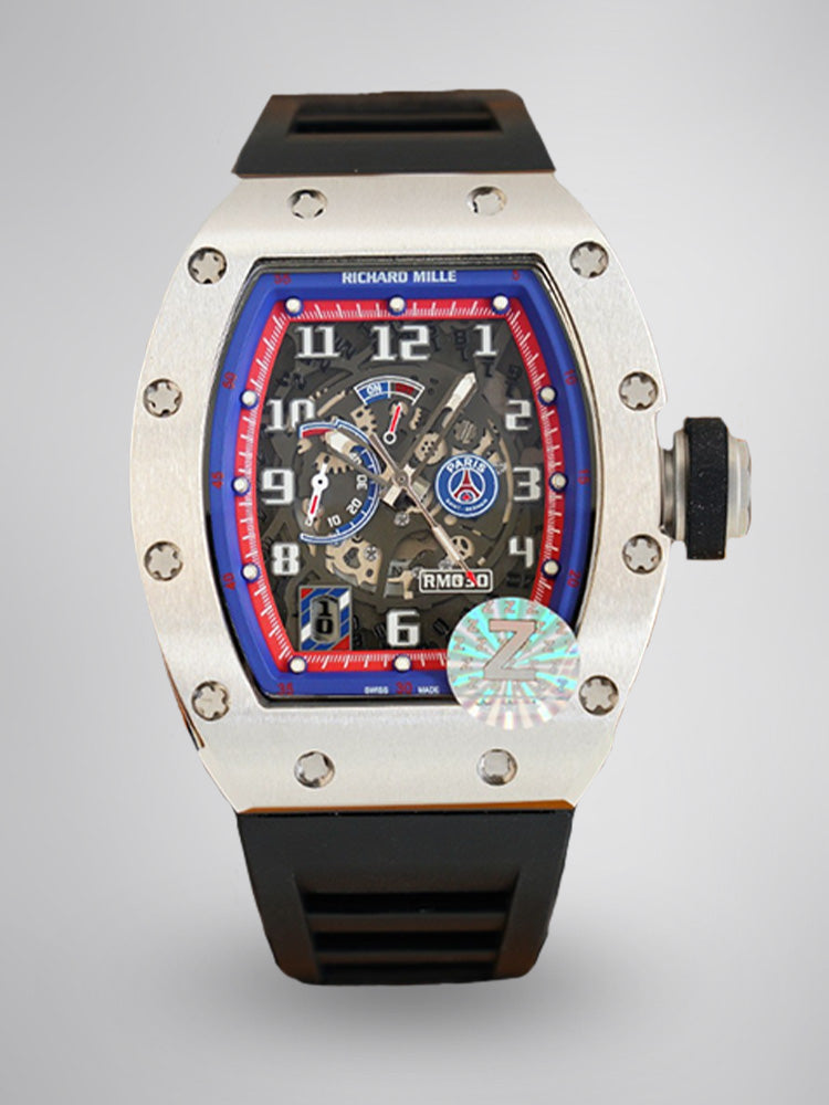 Luxury Super Clone Richard Mille RM 030 Replica PSG Watch, Skeleton Dial, Titanium Case, Black Rubber Strap