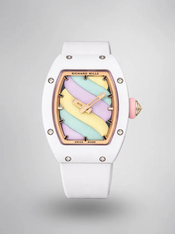 Richard Mille RM 07-03 Replica, White Ceramic Case Pastel Swirl Dial White Rubber Strap Luxury Ladies Wristwatch