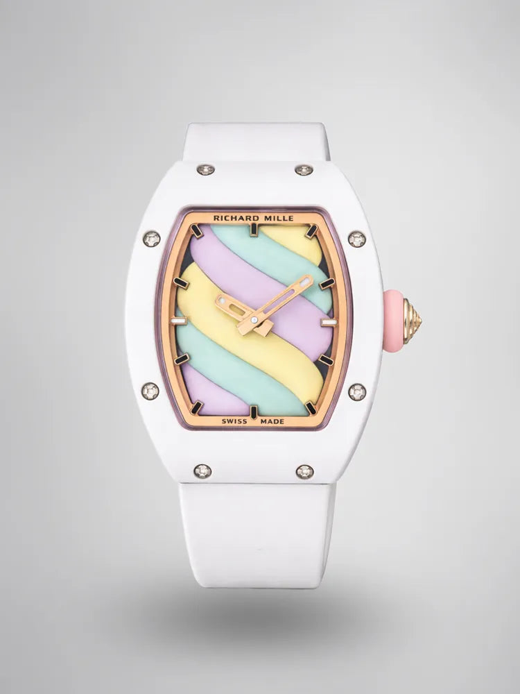 Richard Mille RM 07-03 Replica, White Ceramic Case Pastel Swirl Dial White Rubber Strap Luxury Ladies Wristwatch