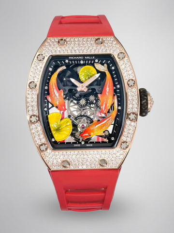 Replica Richard Mille RM S10 Koi Tourbillon Watch Rose Gold with Diamond - Red Rubber Strap