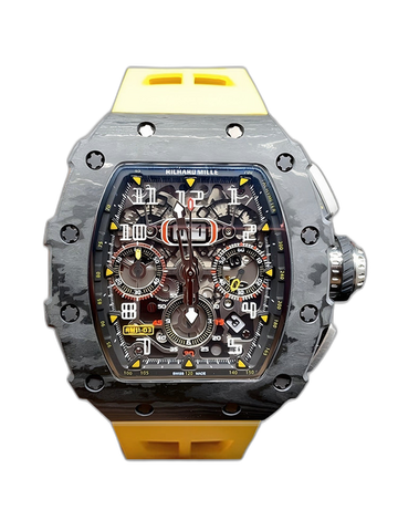 Best Swiss Replica Richard Mille RM 011 Skeleton Dial Watch – Carbon Fiber Case, Yellow Rubber Strap