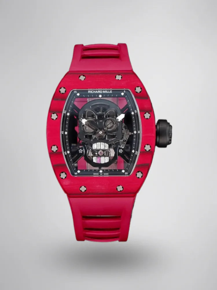 Richard Mille RM 052 Replica Red Carbon Case Skull Skeleton Dial Red Rubber Strap Luxury Sports Wristwatch