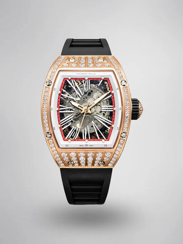 Richard Mille RM 023 Replica, Rose Gold Diamond-Set Case Skeleton Dial Black Rubber Strap Luxury Automatic Sports Wristwatch