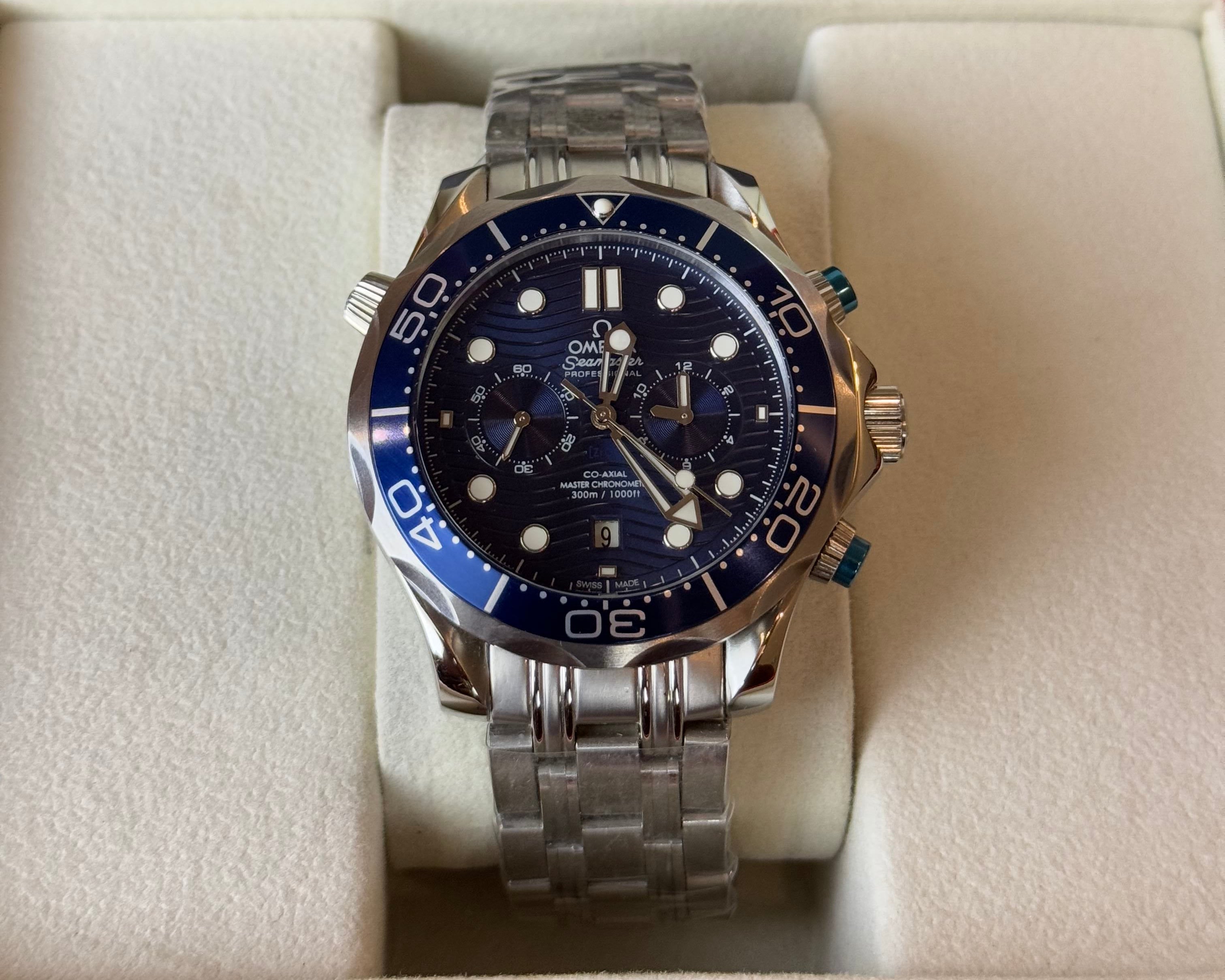 Omega Seamaster Diver 300M Chronograph Stainless Steel Blue Dial Ceramic Bezel Steel Bracelet