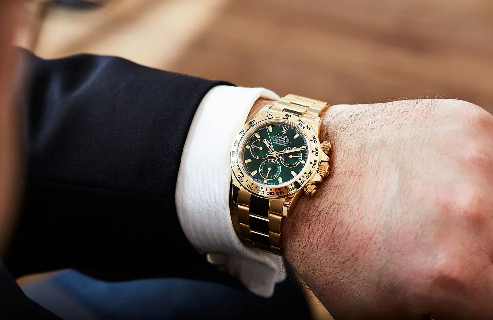 Rolex Gold Daytona Green Dial 43 mm Metal Bracelet Watch