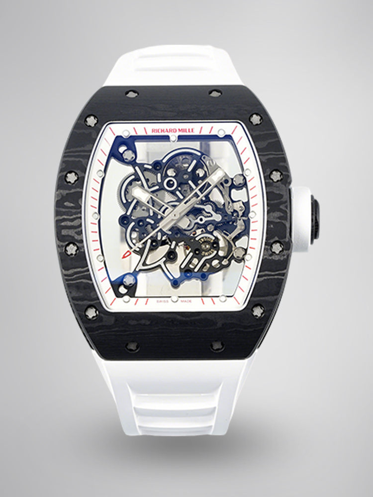 Richard Mille RM 055 Bubba Watson Replica – Super Clone Carbon Fiber Case Skeleton Dial Swiss Movement White Rubber Strap Best Quality Watch
