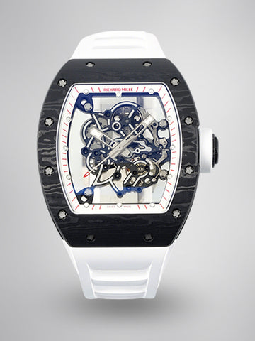 Richard Mille RM 055 Bubba Watson Replica – Super Clone Carbon Fiber Case Skeleton Dial Swiss Movement White Rubber Strap Best Quality Watch