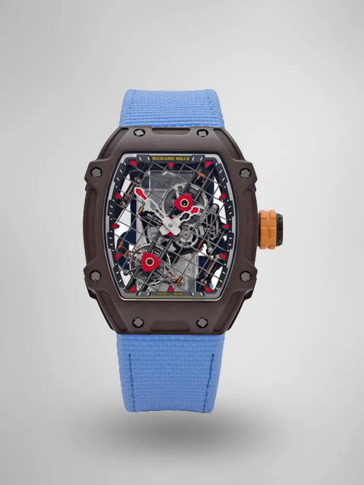 Richard Mille RM 27-04 Replica, Brown Carbon Case Skeleton Grid Dial Blue Nylon Strap Luxury Sports Wristwatch