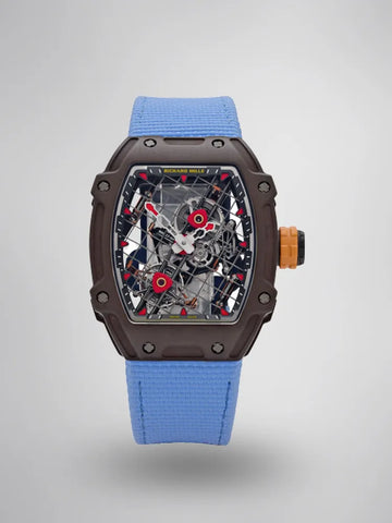 Richard Mille RM 27-04 Replica, Brown Carbon Case Skeleton Grid Dial Blue Nylon Strap Luxury Sports Wristwatch