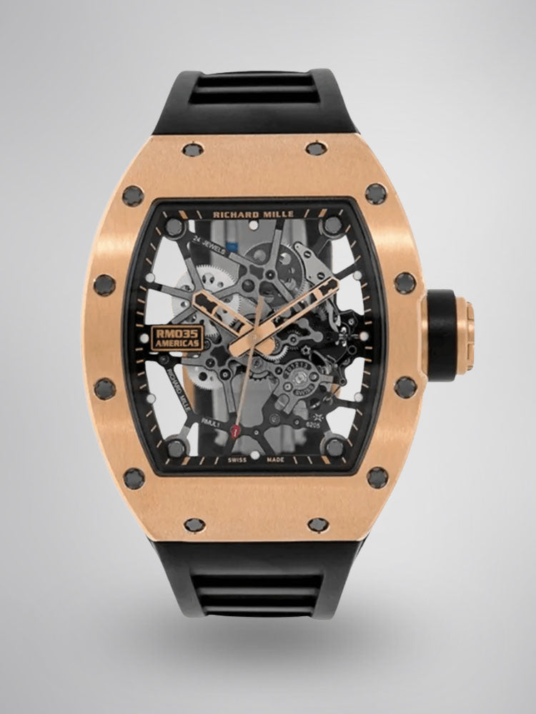 Super Clone Richard Mille RM035 Americas Rose Gold Replica Luxury Skeleton Sports Watch