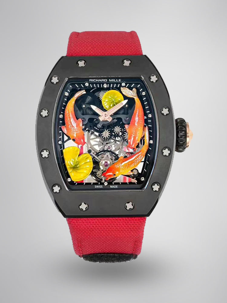 Richard Mille RM S10 Koi Tourbillon Watch Black Steel Skeleton Dial Sapphire 50M Super Clone Luxury Art Design