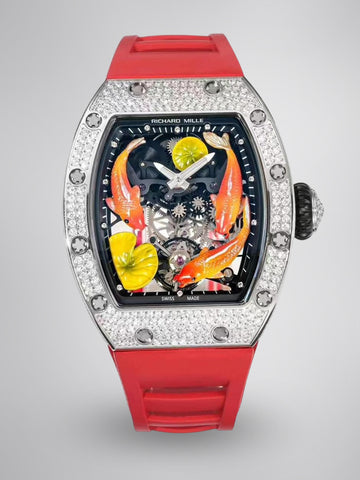 Super Clone Replica RICHARD MILLE RM S10 Koi Fish Tourbillon Watch Diamond Case Red Strap Swiss Quality