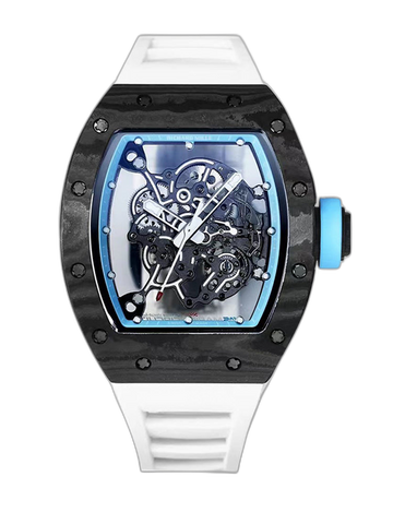 Best Replica RICHARD MILLE RM 055 Skeleton Watch - Swiss Movement Super Clone, Carbon Fiber Case, Sporty White Rubber Strap