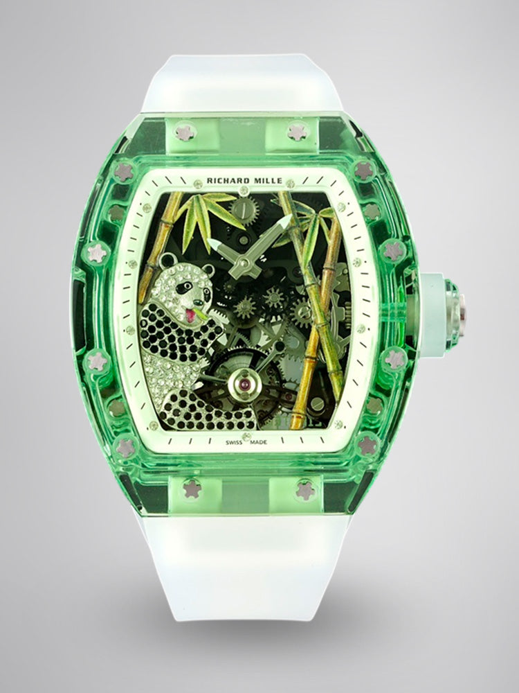Luxury Replica Richard Mille RM 26-01 Panda Tourbillon Watch Full Crystal Case Skeleton Dial with White Rubber Strap