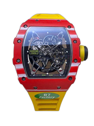Best Richard Mille RM35-02 Replica – Red Carbon Case, Yellow Strap, Swiss Movement, Skeleton Dial