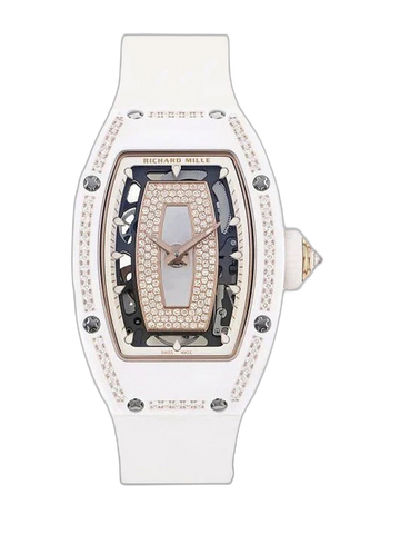 Elegant Swiss Richard Mille RM 07-01 Replica White Ceramic & Rose Gold Diamond Dial Watch – Luxury Style For Women