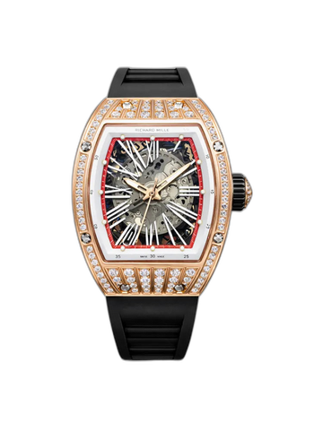 Richard Mille RM 023 Replica, Rose Gold Diamond-Set Case Skeleton Dial Black Rubber Strap Luxury Automatic Sports Wristwatch