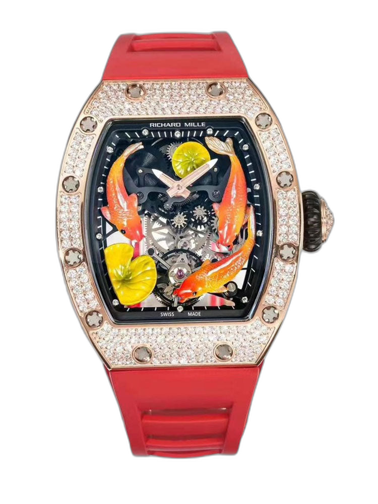 Replica Richard Mille RM S10 Koi Tourbillon Watch Rose Gold with Diamond - Red Rubber Strap